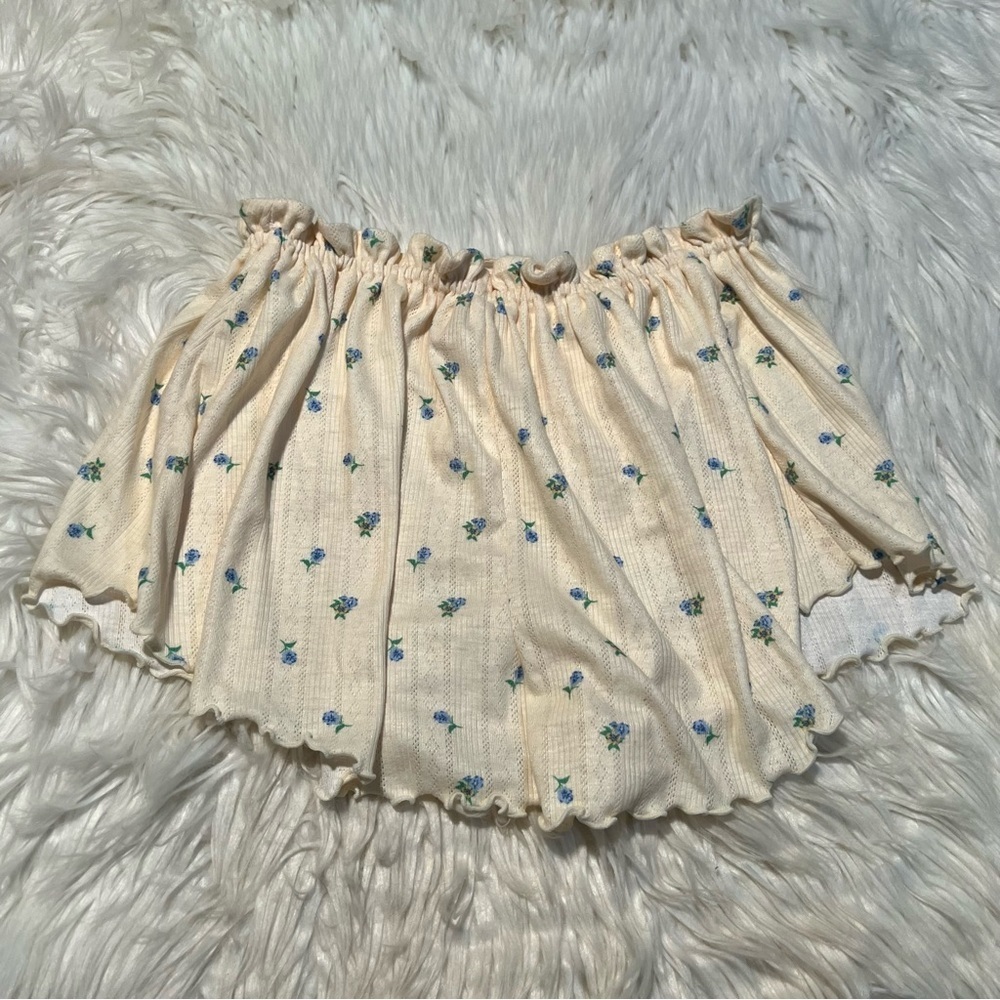 For Love & Lemons Women's Size Medium Pointelle Shorts Butter Yellow Blue Floral - Picture 6 of 10